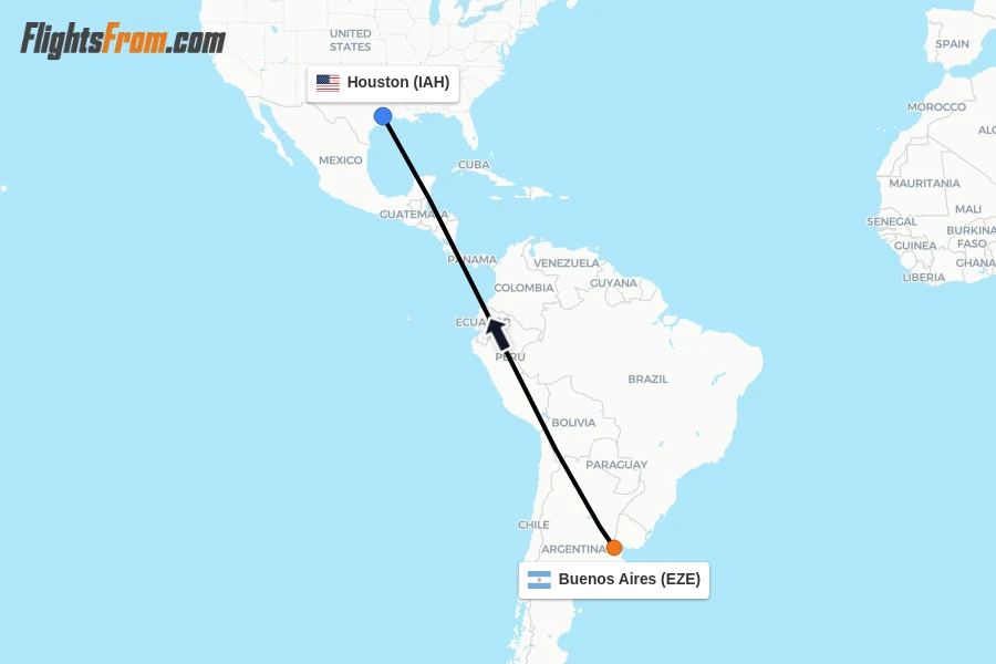 Flights from Buenos Aires to Houston route map