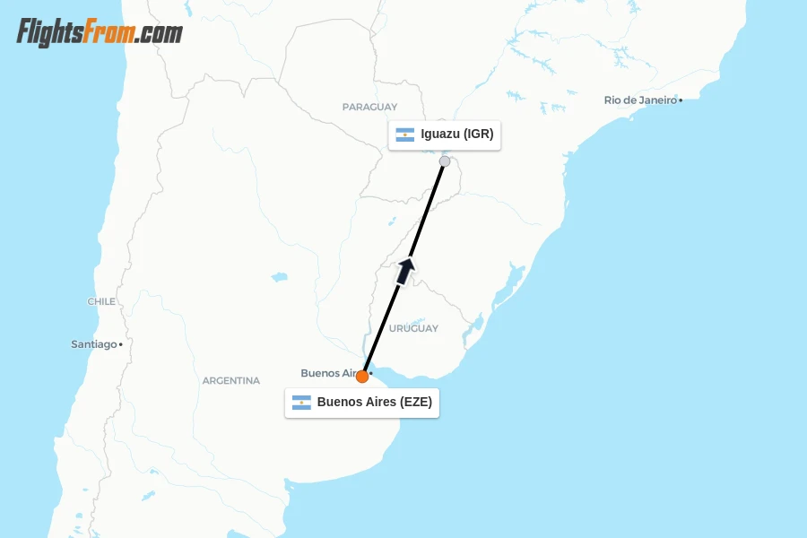 Flights from Buenos Aires to Iguazu route map