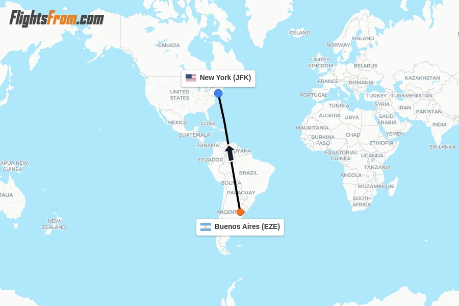 Flights from Buenos Aires to New York route map