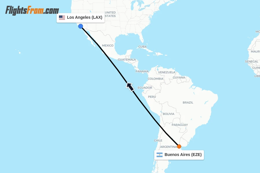 Flights from Buenos Aires to Los Angeles route map