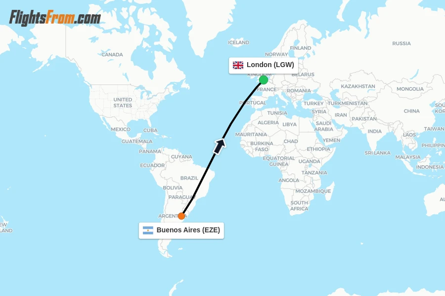 Flights from Buenos Aires to London route map