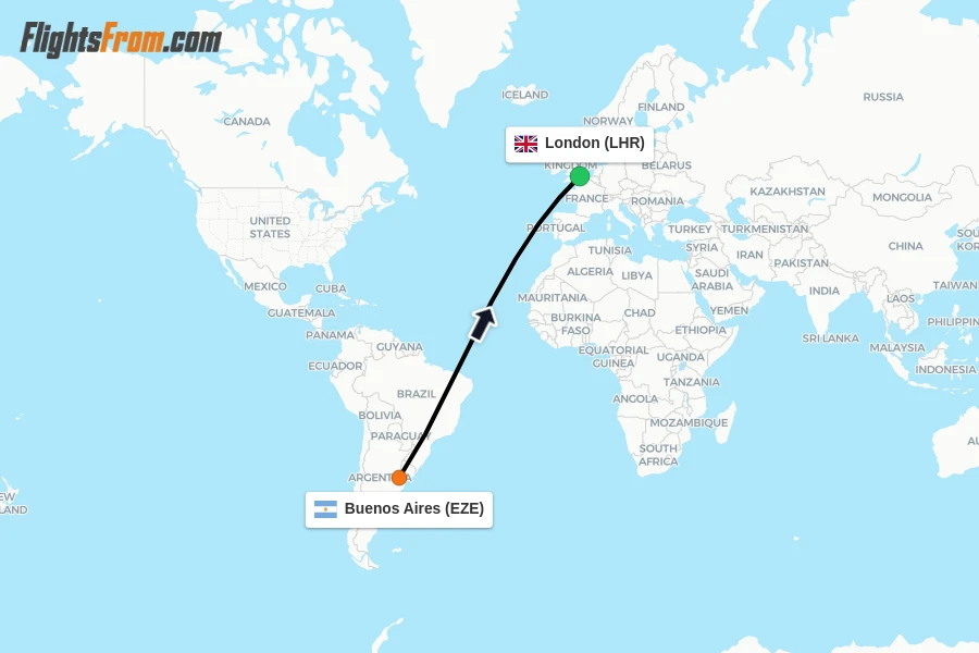 Flights from Buenos Aires to London route map