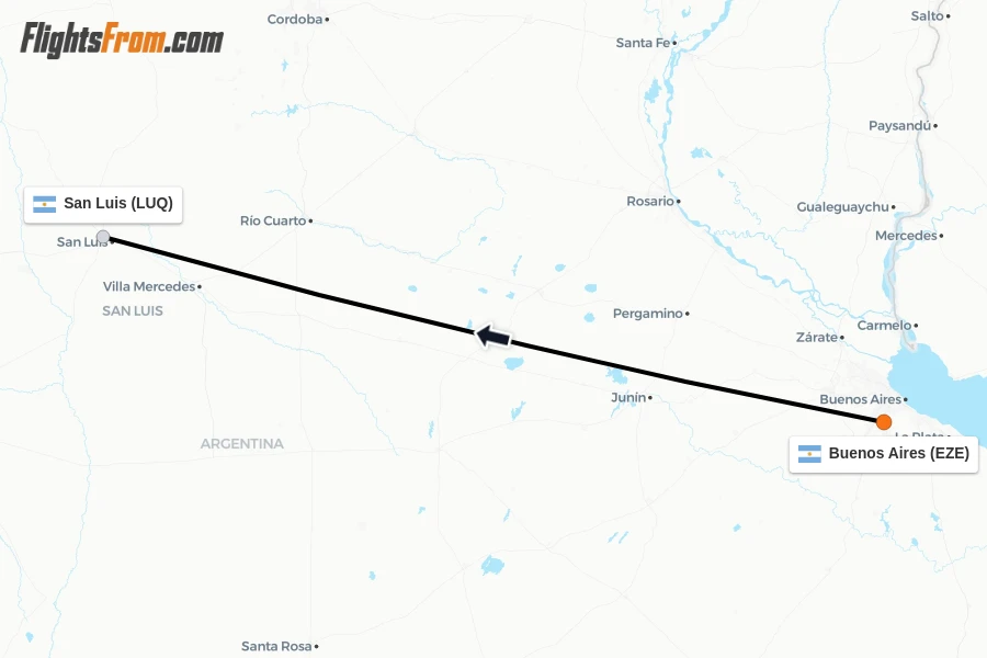 Flights from Buenos Aires to San Luis route map