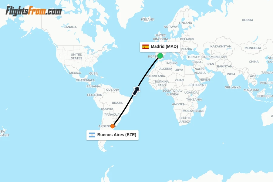 Flights from Buenos Aires to Madrid route map