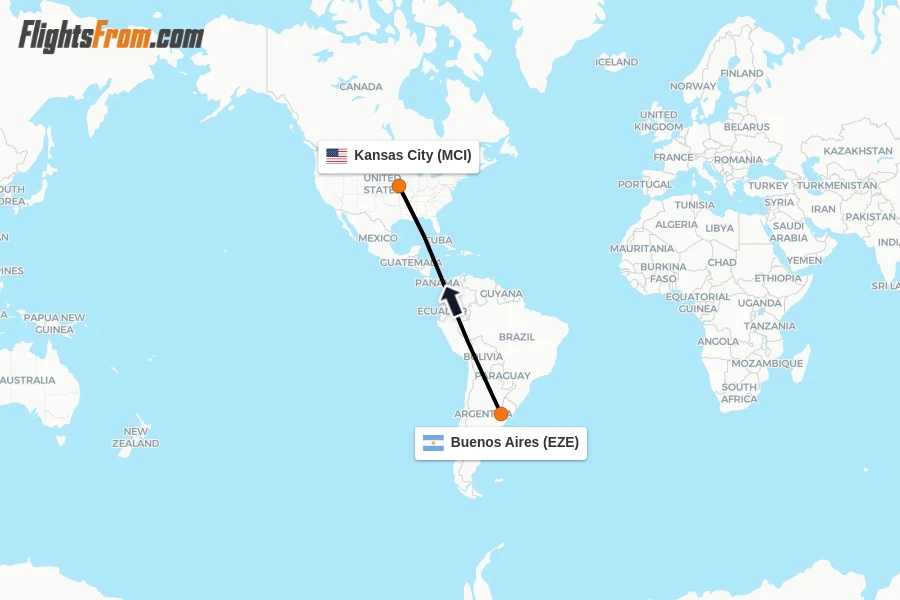 Flights from Buenos Aires to Kansas City route map
