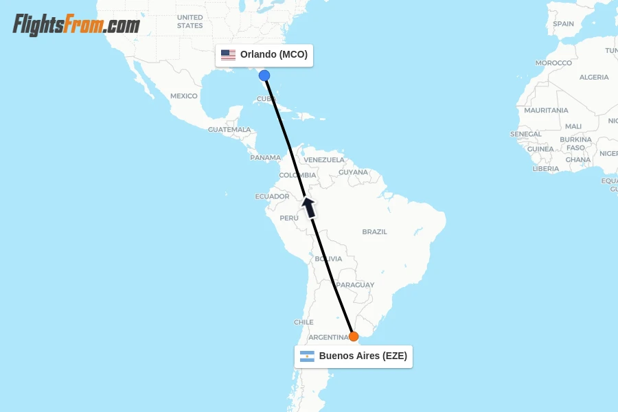 Flights from Buenos Aires to Orlando route map