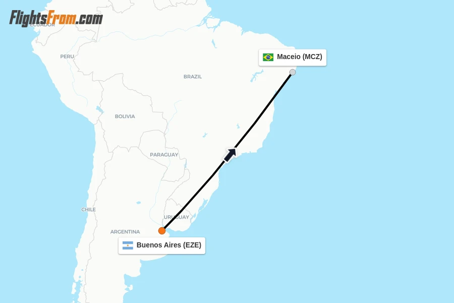 Flights from Buenos Aires to Maceio route map