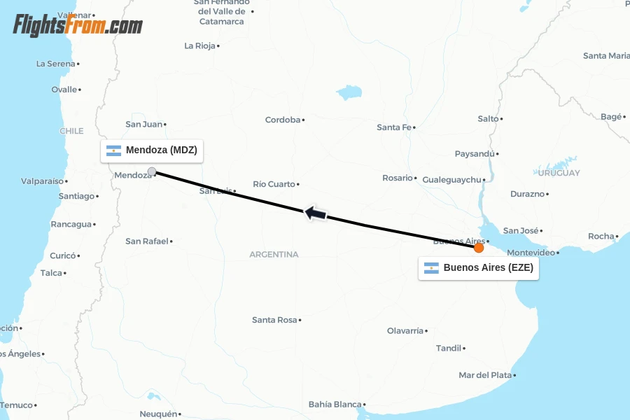 Flights from Buenos Aires to Mendoza route map