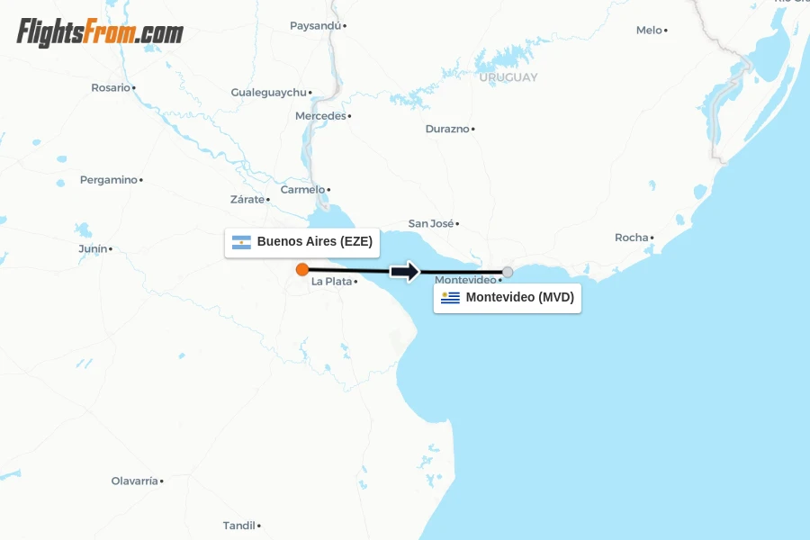 Flights from Buenos Aires to Montevideo route map