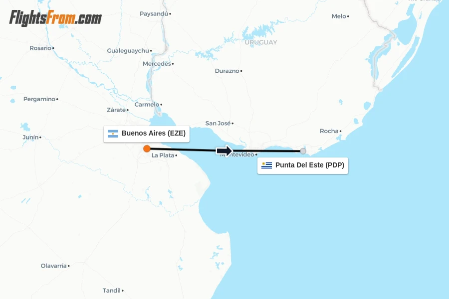 Flights from Buenos Aires to Punta Del Este route map
