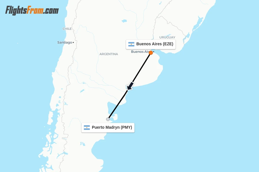 Flights from Buenos Aires to Puerto Madryn route map