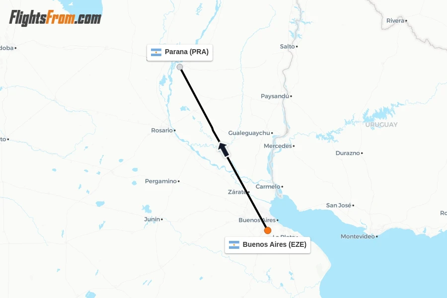 Flights from Buenos Aires to Parana route map