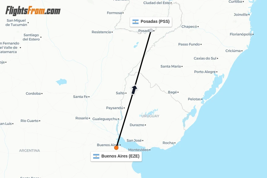 Flights from Buenos Aires to Posadas route map