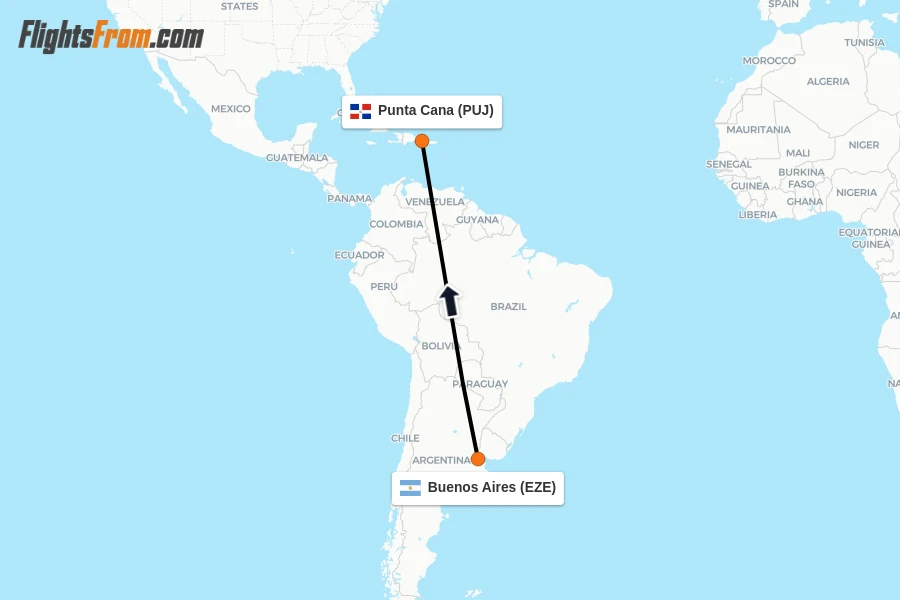 Flights from Buenos Aires to Punta Cana route map