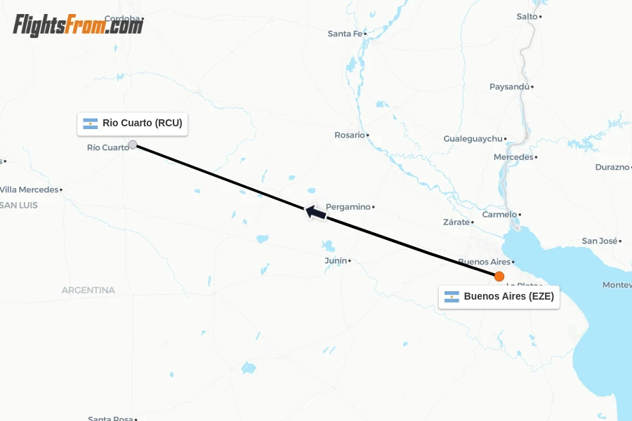 Flights from Buenos Aires to Rio Cuarto route map