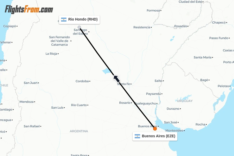 Flights from Buenos Aires to Rio Hondo route map