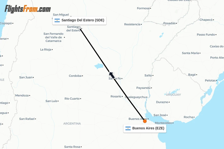 Flights from Buenos Aires to Santiago Del Estero route map
