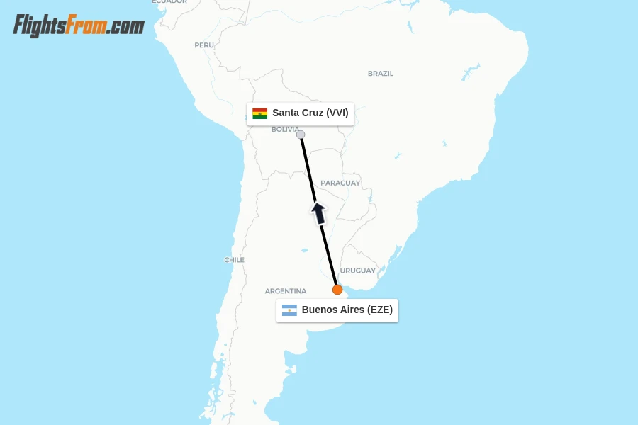 Flights from Buenos Aires to Santa Cruz route map