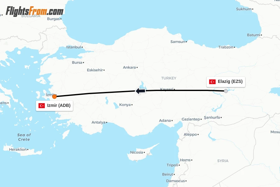 Flights from Elazig to Izmir route map