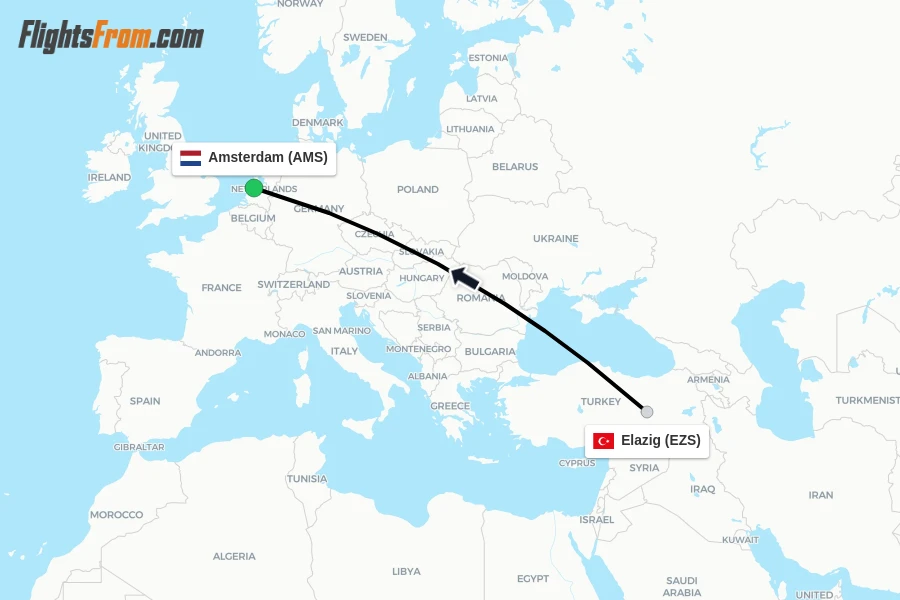 Flights from Elazig to Amsterdam route map