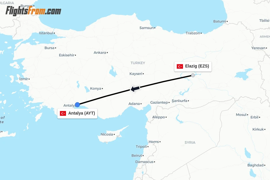 Flights from Elazig to Antalya route map