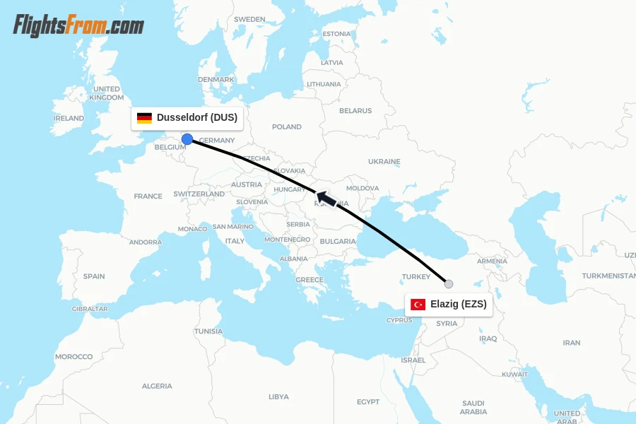 Flights from Elazig to Dusseldorf route map