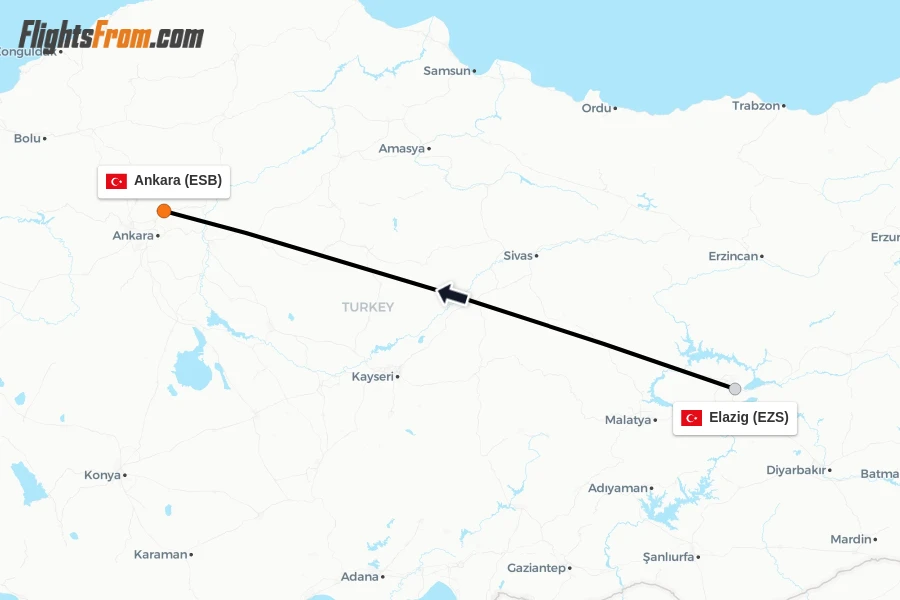 Flights from Elazig to Ankara route map