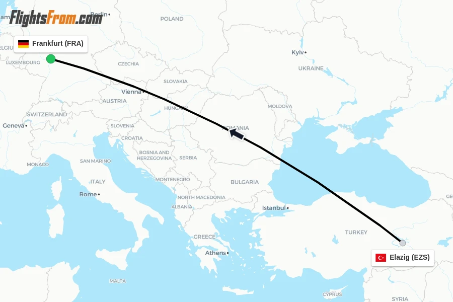 Flights from Elazig to Frankfurt route map