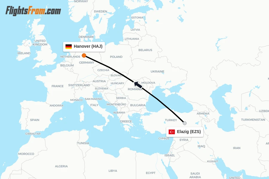 Flights from Elazig to Hanover route map