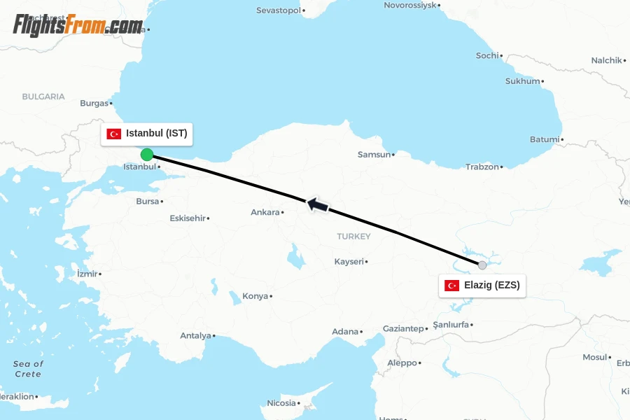Flights from Elazig to Istanbul route map