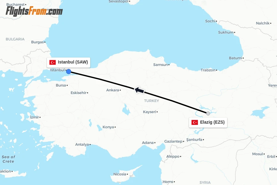 Flights from Elazig to Istanbul route map