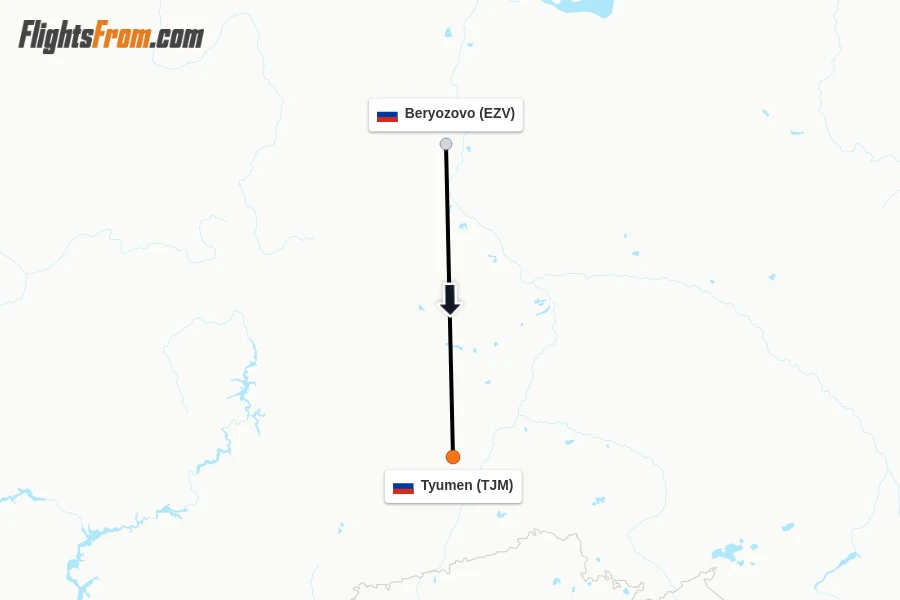 Flights from Beryozovo to Tyumen route map
