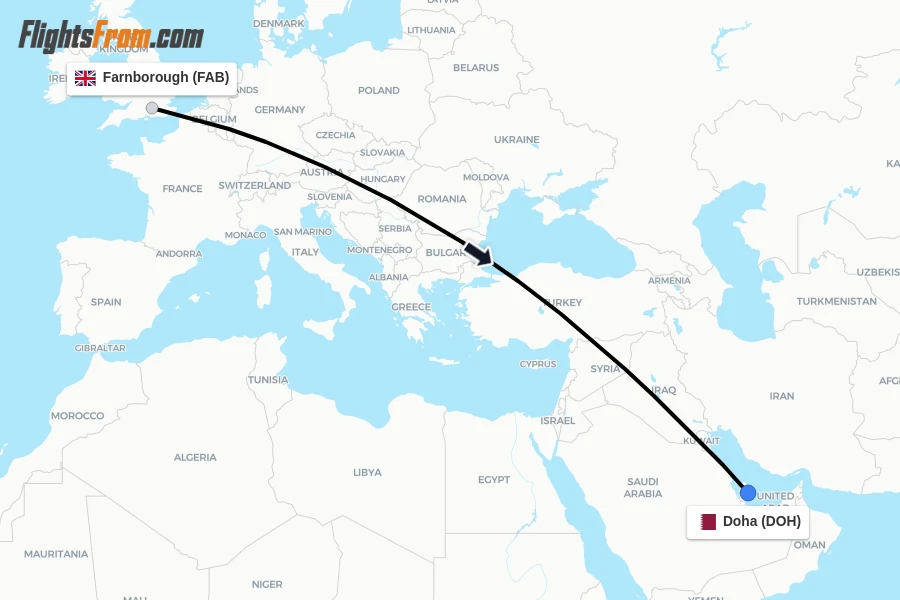 Flights from Farnborough to Doha route map