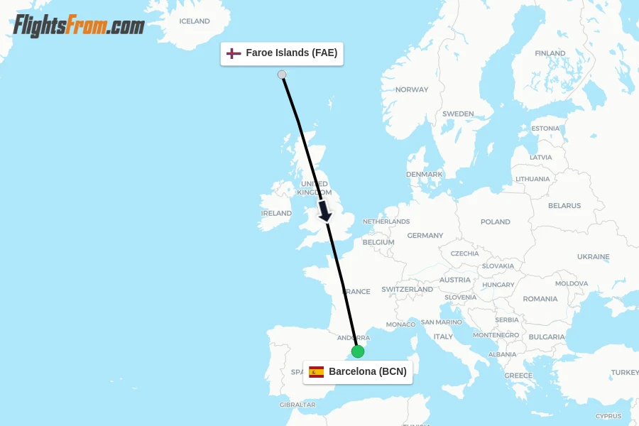 Flights from Faroe Islands to Barcelona route map