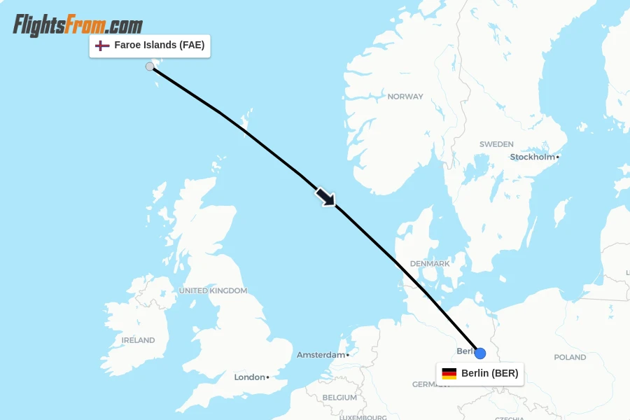 Flights from Faroe Islands to Berlin route map
