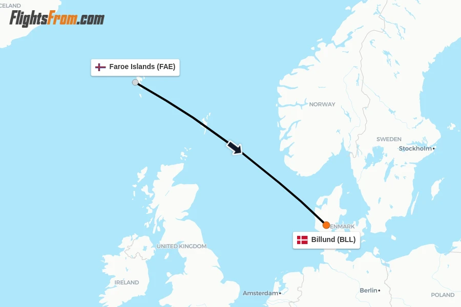 Flights from Faroe Islands to Billund route map