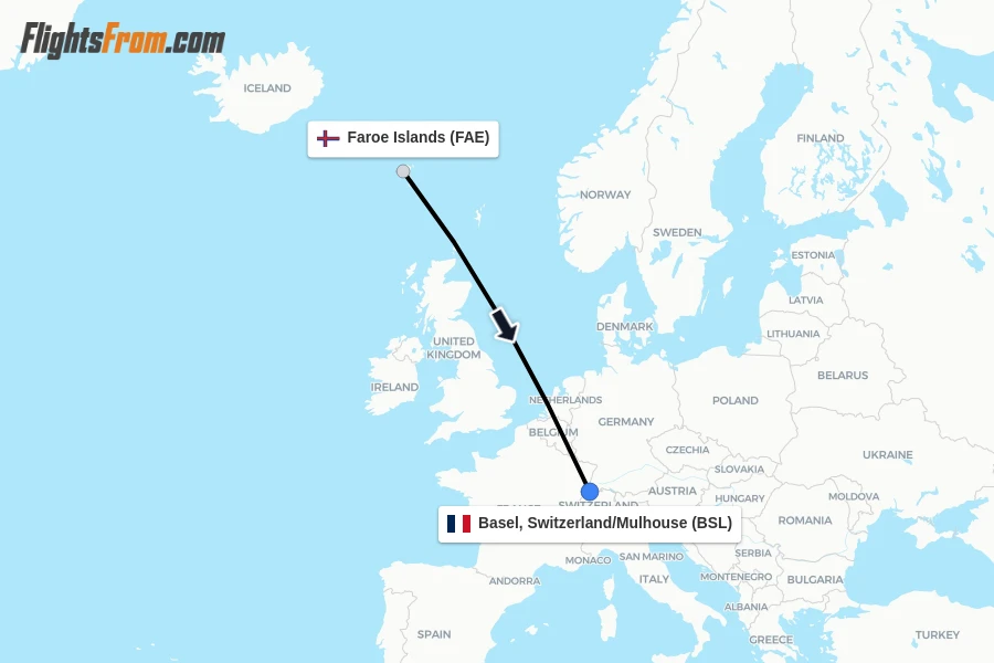 Flights from Faroe Islands to Basel, Switzerland/Mulhouse route map