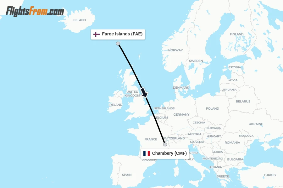 Flights from Faroe Islands to Chambery route map