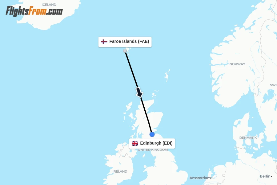 Flights from Faroe Islands to Edinburgh route map