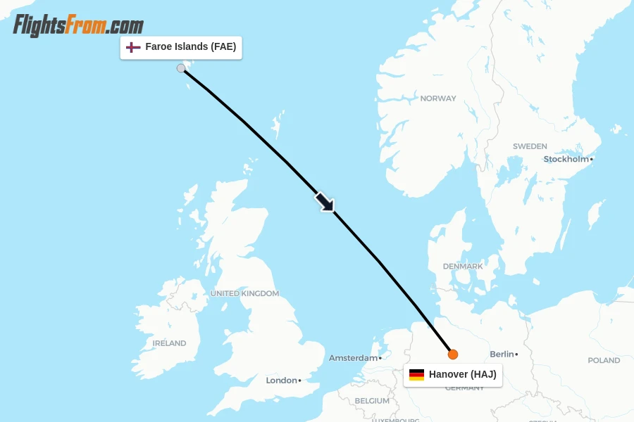 Flights from Faroe Islands to Hanover route map
