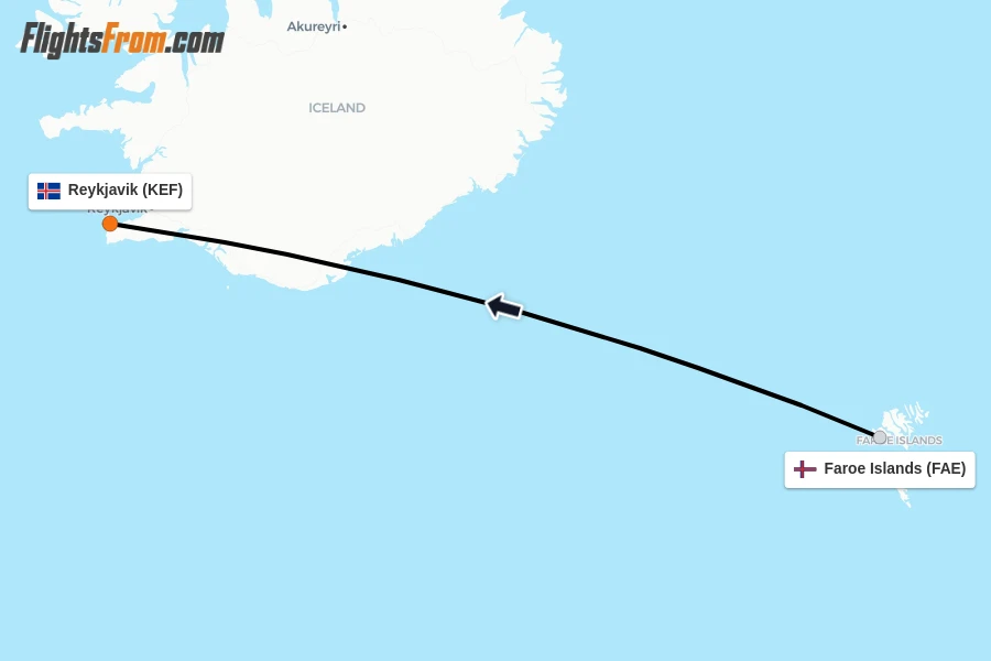 Flights from Faroe Islands to Reykjavik route map