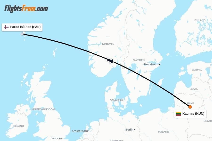 Flights from Faroe Islands to Kaunas route map