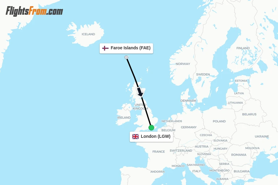 Flights from Faroe Islands to London route map