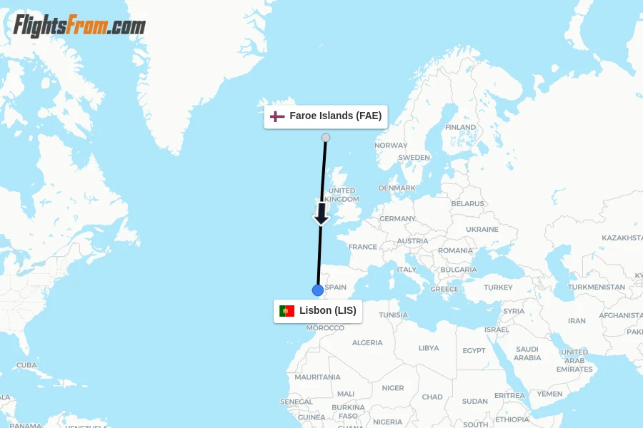Flights from Faroe Islands to Lisbon route map