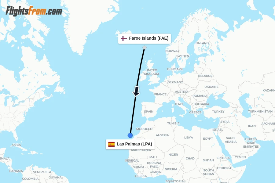 Flights from Faroe Islands to Las Palmas route map