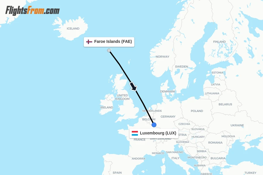 Flights from Faroe Islands to Luxembourg route map