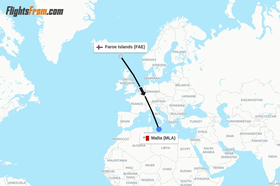 Flights from Faroe Islands to Malta route map