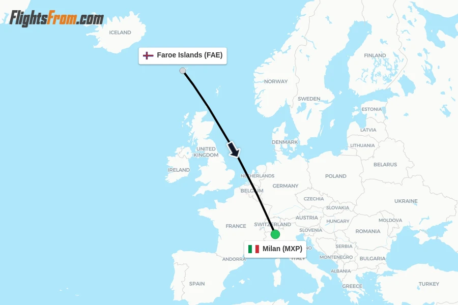 Flights from Faroe Islands to Milan route map