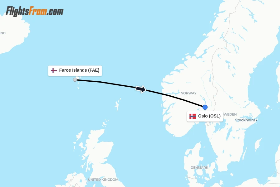 Flights from Faroe Islands to Oslo route map