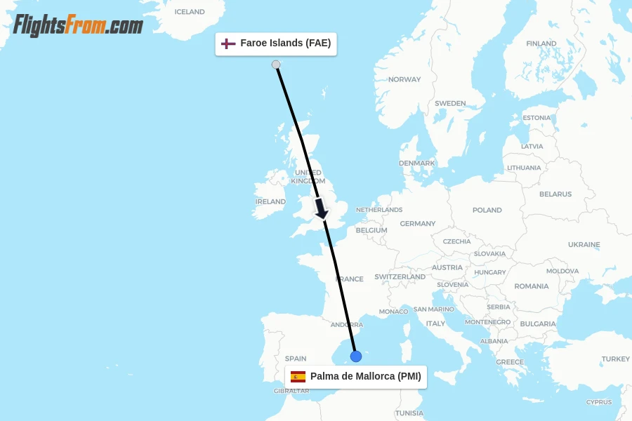 Flights from Faroe Islands to Palma de Mallorca route map